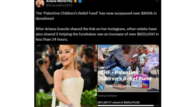 Ariana Grande Kumpulkan Donasi untuk Palestina, Tembus Rp13 Miliar!