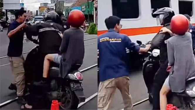 Detik-detik Pemotor Nekat Lewati Palang Kereta dan Ribut dengan Petugas